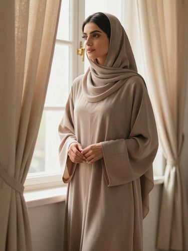 Warm editorial photography of a modestly styled woman in a flowing taupe abaya standing near a sunlit window, soft natural light, elegant drapes, shallow depth of field, 35mm