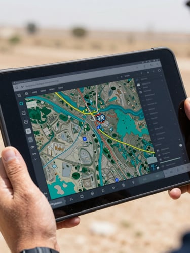 Close-up of a rugged tablet displaying a high-resolution GIS mapping interface with colorful coordinate overlays, held by a technician in bright daylight in an Erbil field.