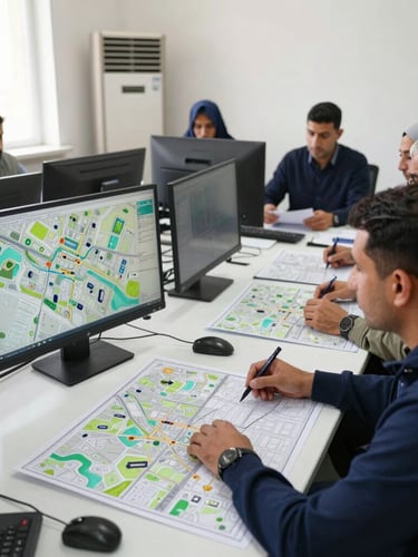 Professional technical training workshop in Erbil, local engineers analyzing cartographic maps on screens, focused neutral office lighting.