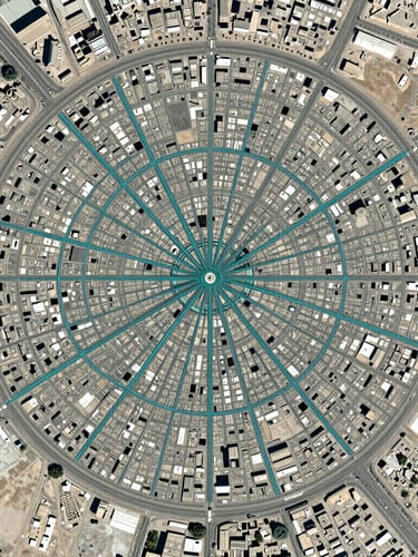 Top-down high-resolution satellite mapping of Erbil's circular road grid overlayed with sharp teal cartographic lines, bright daylight, technical aesthetic.
