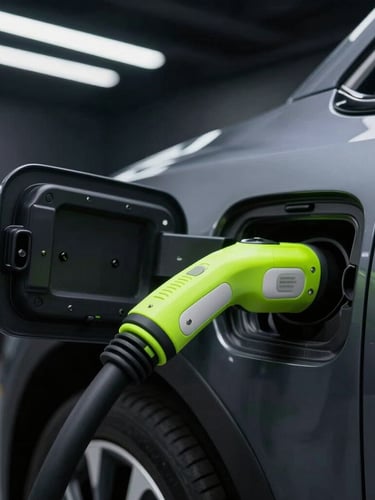 Macro shot of a professional EV charging connector plugged into a premium electric car, high-contrast dark garage lighting, sharp neon green accents, 35mm