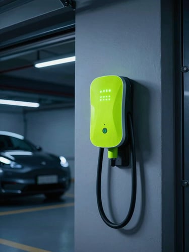 Sleek modern electric vehicle charging in a high-tech residential garage, neon lime green LED indicators glowing on the wallbox, cool blue ambient lighting, 35mm automotive photography