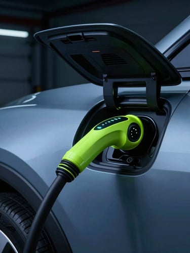 Moody automotive photography, close-up of premium EV charging port with glowing LED indicators, cool blue ambient light mixed with sharp neon green accents, 35mm