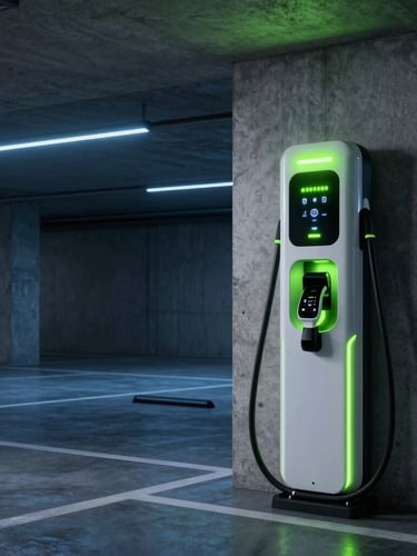 Sleek modern electric vehicle charging in a high-tech concrete garage, glowing LED indicator on the charger, cool blue ambient lighting, sharp neon green details, 35mm photography