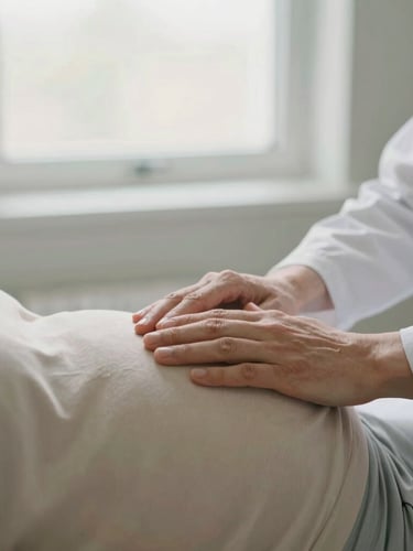 Close-up of a perinatologist's hands gently guiding an expectant mother's hand on her abdomen during a consultation, soft natural window light, muted sage and cream tones, intimate framing, professional, shallow depth of field.