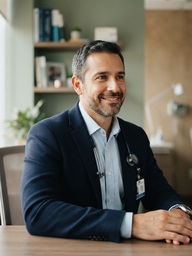 Professional portrait of Dr. Alejandro Méndez, a warm, empathetic male doctor in a modern, calm clinical setting, soft natural window light, muted sage and cream tones, shallow depth of field, professional, looking towards the right side of the frame, soft smile.