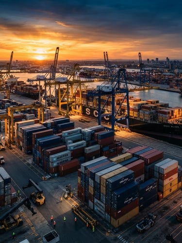 Industrial shipping port at dramatic golden hour, massive cargo ships, steel containers, high contrast daylight, deep navy tones
