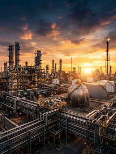 Dramatic industrial oil refinery at sunset, steel towers, pipes, and massive storage tanks, warm golden light reflecting on metallic surfaces, wide-angle cinematic shot