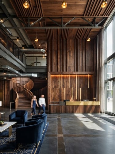 Dramatic industrial photography of completed architectural woodwork inside a modern luxury hotel lobby, warm brass accents, deep walnut textures, crisp daylight, wide-angle lens, high detail