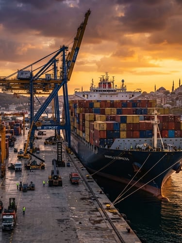 Dramatic industrial golden hour shot of a cargo ship at a Turkish port, steel containers stacked, crisp daylight, deep navy and steel tones, wide-angle lens, high detail.