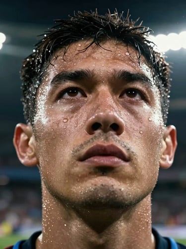 Extreme macro close-up of an athlete's face covered in sweat droplets, high-contrast dramatic key light, moody stadium background, raw cinematic feel