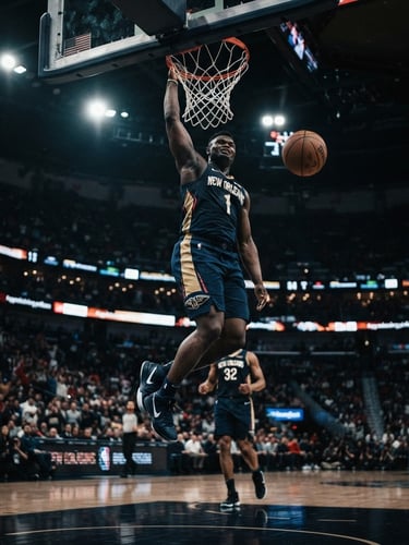 Low-angle dynamic shot of a basketball player dunking under moody stadium floodlights, motion blur, dramatic key light, cinematic sports photography.