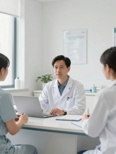 Clean, modern localized medical clinic interior with professional clinical setup, bright natural daylight, calm and dignified atmosphere, 35mm lens