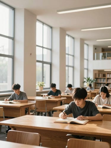A serene library interior with clean architectural lines, warm natural light streaming through high windows, students quietly reading at wooden tables, 35mm lens.