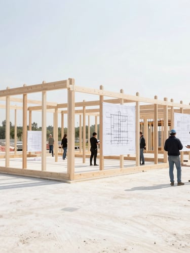 An active community infrastructure project in bright daylight, showing a modern building frame under construction with engineering plans visible, natural light, 35mm lens.