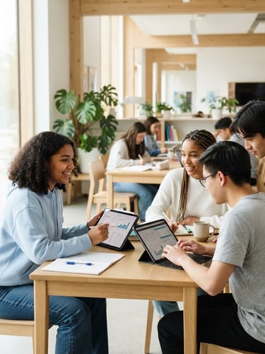A bright, modern classroom flooded with natural light, where students collaborate around digital tablets, clean composition, high-key tones, 35mm lens.