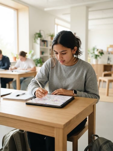 A focused young student working on a modern digital tablet in a bright, daylight-filled classroom, clean architectural lines, 35mm lens.