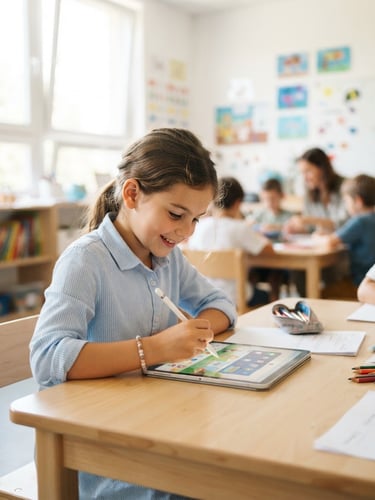A bright, clean classroom where a young student interacts with a modern tablet under soft natural daylight, shallow depth of field, 35mm lens.