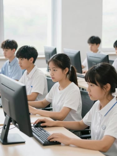Bright, clean classroom environment with students engaged at computer terminals, soft high-key natural light pouring from side windows, 35mm lens