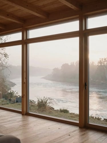 Warm architectural editorial photography of a modern wooden cabin interior, soft morning light streaming through large glass windows overlooking a misty river, 35mm.