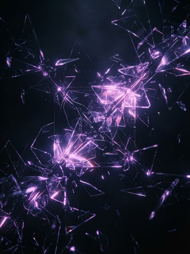 Abstract glass-like structures fracturing and reassembling, with neon purple and pink light refractions, moody low-key lighting, cinematic wide-angle, mimicking an interactive chat interface on a dark screen.