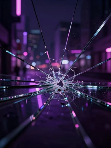 Close-up of fractured glass shards slowly reassembling, with a moody urban nightscape in the background, neon purple and pink lighting, high contrast, cinematic wide-angle.