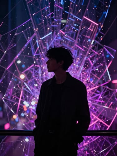 Portrait of a solitary figure in deep thought, silhouetted against a moody urban nightscape with neon purple and pink lights, glass shards reflecting light, cinematic wide-angle, low-key lighting, 35mm lens
