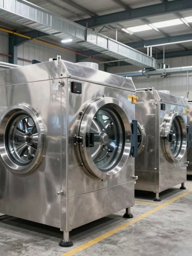 Wide environmental shot of a modern industrial laundry facility with heavy-duty stainless steel washing machines, bright daylight, clean concrete floor.