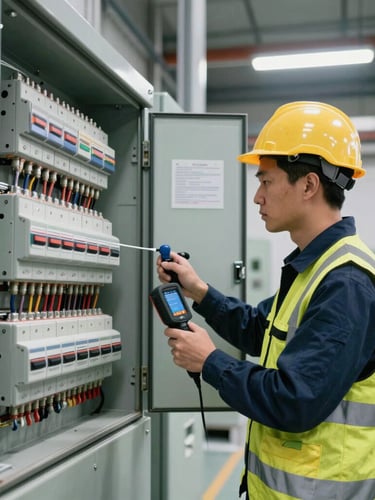 Wide-angle shot of a certified electrician in high-visibility gear inspecting a large commercial breaker panel with a thermal camera, bright industrial lighting.