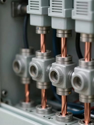Macro shot of heavy-duty electrical conduits and clean copper wiring inside a newly certified industrial distribution board, sharp daylight.