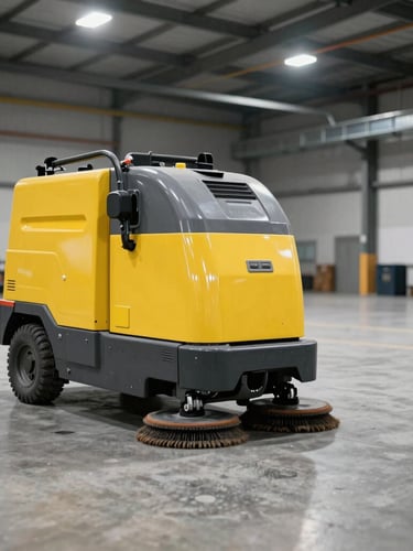 Wide-angle panoramic shot of a heavy-duty industrial floor scrubber operating on a concrete warehouse floor, bright utility lighting, high-visibility yellow details, negative space on the right.