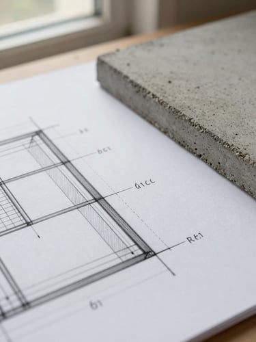 Close-up of architectural drawing annotations on white paper beside a concrete material sample, natural diffused light from a side window, sharp focus on pencil lines and edge detail, no people