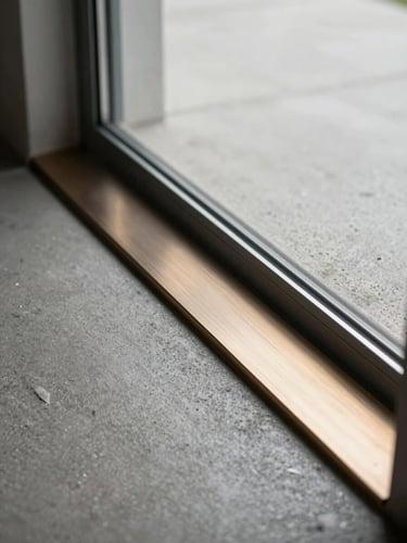 Close-up of a material transition detail — polished concrete meeting brushed bronze threshold strip at a doorway, diffused natural sidelight revealing surface texture and joint precision, cool editorial framing, no people