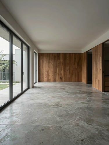 Wide interior shot of a completed residential living space — polished concrete floor, flush joinery, floor-to-ceiling openings admitting diffused daylight, empty room, editorial composition with strong horizontal lines