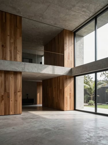Wide interior shot of a completed minimalist residence in India — a double-height living space, concrete ceiling plane, flush timber joinery, diffused northern daylight pouring through full-height glazing, empty room emphasising proportion and material precision, cool editorial tone
