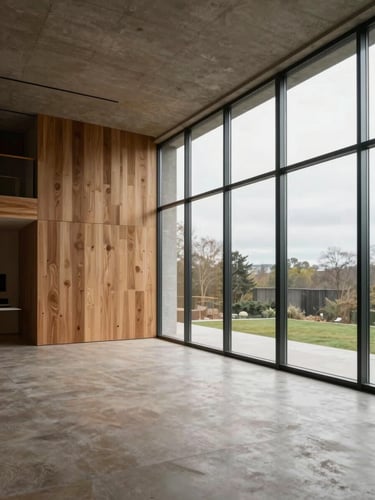 Wide editorial shot of a finished contemporary living space, floor-to-ceiling glazing on the right wall flooding the room with diffused northern daylight, concrete ceiling plane meeting warm-toned timber joinery, empty room emphasising proportion and material precision