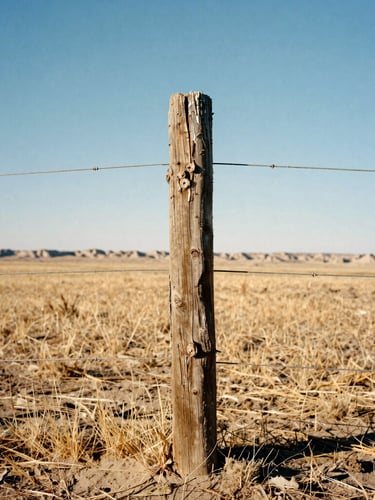 Low-angle 35mm film photograph of a weathered wood fence post on the dry South Dakota plains, high contrast, harsh midday sun.