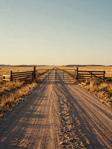 Wide environmental shot of a dusty dirt road winding through dry South Dakota prairie grass toward a rugged timber ranch gate, harsh golden hour sunset casting long shadows, 35mm film style
