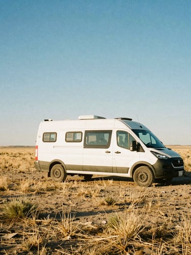Wide-angle 35mm film shot of a rugged off-grid camper van parked on dry, dusty prairie grass under a harsh midday South Dakota sun, high contrast.