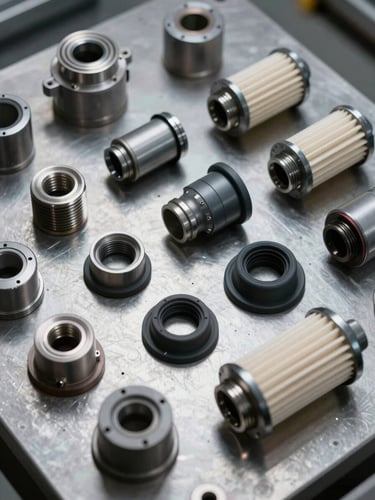 Extreme close-up overhead shot of industrial air compressor filter components laid flat on a machined steel surface — threaded end caps, rubber seals, and cylindrical filter housings arranged in a technical diagram pattern, studio strobe lighting revealing surface finish and dimensional detail, no people, no decorative elements