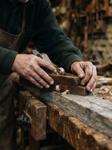 Close-up of a master joiner's hands carefully planing weathered timber, soft overcast UK daylight, shallow depth of field.