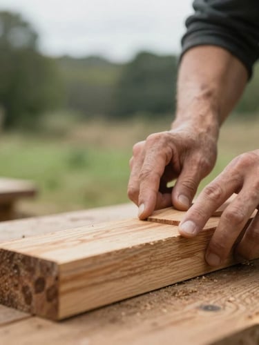 Close-up of a master joiner's hands carefully planing a piece of aged timber, soft natural overcast UK daylight, shallow depth of field, warm wood tones.