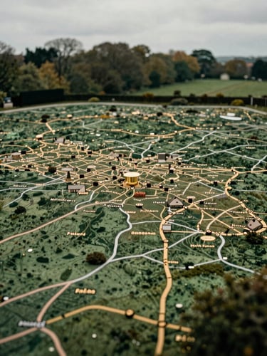 Detailed map of Midlands region highlighting key towns, subtle gold accents on the map markers, natural overcast UK daylight, 35mm editorial heritage photography.