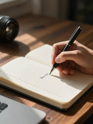 Close-up of a hand writing deliberate notes in an open journal on a dark wooden desk, warm directional north-facing daylight entering from the left, a sequence of handwritten numbers visible as texture in the background, quiet and focused atmosphere