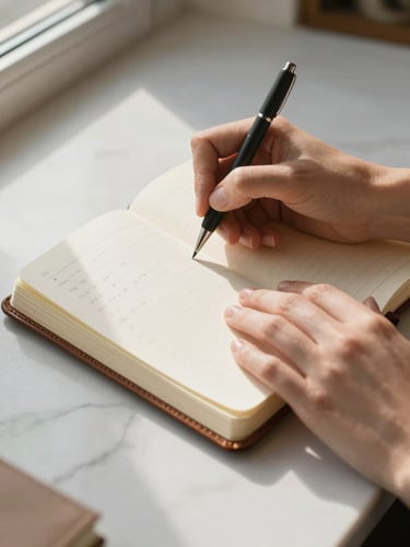 Close-up wide shot of a woman's hands writing in a leather-bound journal on a pale marble surface, a few handwritten number sequences visible as texture, natural window light from the left casting a gentle shadow, warm cream tones, no mystical symbols