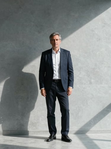 A professional, non-staged portrait of a seasoned male strategist in a modern architectural office, high-contrast daylight, cool slate tones, 35mm.