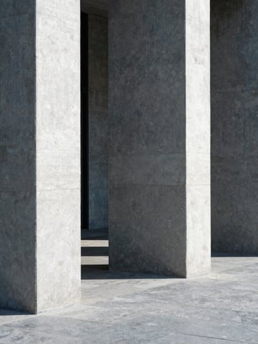 A minimalist architectural shot of structured concrete columns casting sharp, high-contrast shadows in bright daylight, cool slate tones, 35mm.