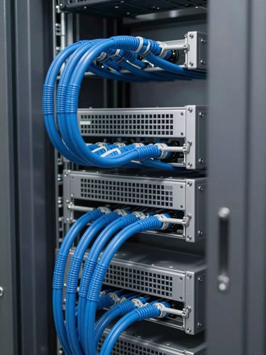 Clean server rack with structured blue cabling, cool industrial lighting, sharp focus, technical style, 35mm