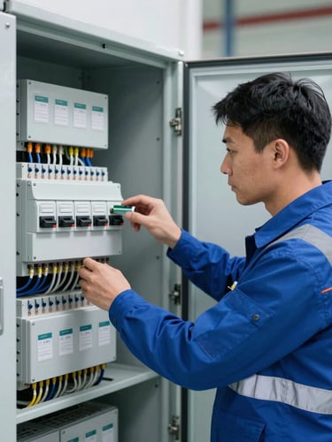 Technician in branded safety gear inspecting a clean industrial electrical panel, structured cabling, cool daylight lighting, sharp focus, 35mm