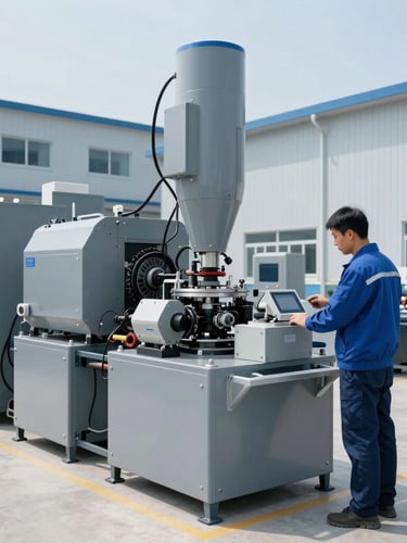 Wide environmental shot of a clean modern industrial facility, technical blue lighting, professional technician inspecting equipment, sharp focus